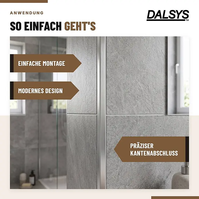 Dalsys Fliesenschiene Edelstahl Schwarz 2,5m x 10mm Eckprofil Quadrat -  - Graue strukturierte Badfliesen mit eleganten Silberprofilen, hervorgehoben für einfache Montage, modernes Design und präzisen Kantenabschluss.