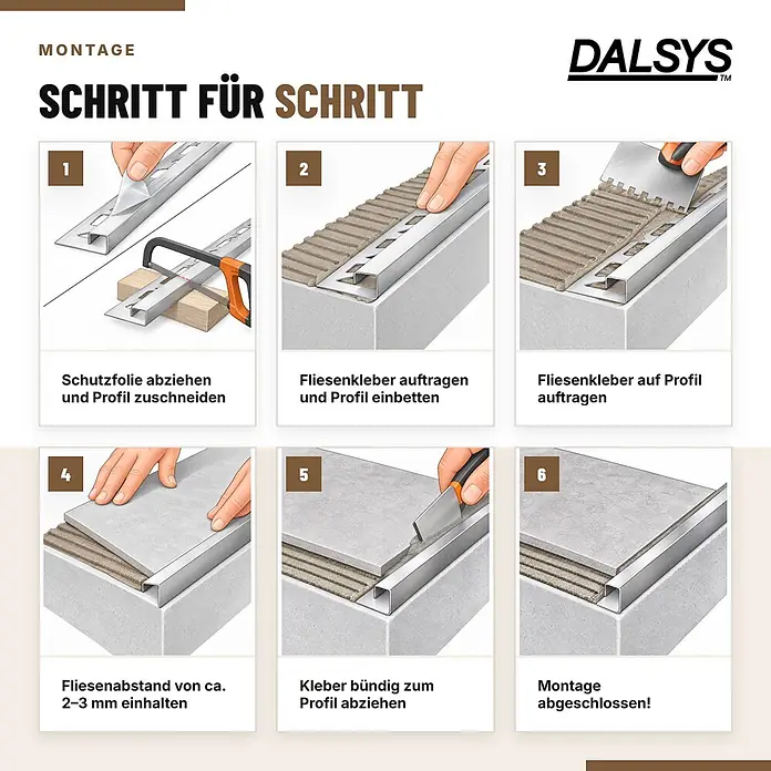 Dalsys Fliesenschiene Edelstahl Schwarz 2,5m x 10mm Eckprofil Quadrat -  - Schritt-für-Schritt-Anleitung zur Verlegung eines Metall-Fliesenprofils mit Fliesenkleber.