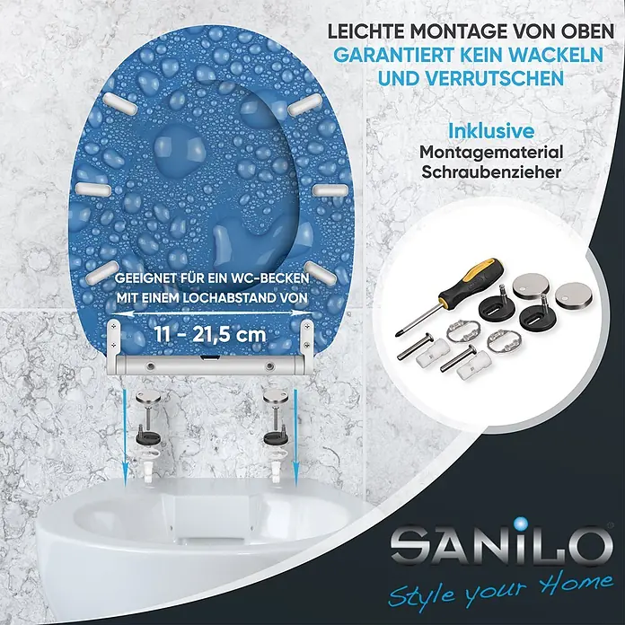 WC-Sitz mit Absenkautomatik & Top Fix Tautropfen Blau -  - Blauer WC-Sitz mit Wassertropfenmuster, gezeigt mit einfacher Top-Montage, verstellbarem Lochabstand und inkl. Montagematerial/Schraubenzieher.