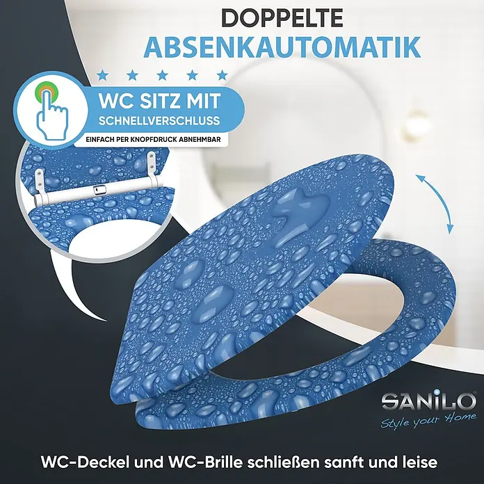 WC-Sitz mit Absenkautomatik & Top Fix Tautropfen Blau -  - Blauer WC-Sitz mit Schnellverschlussknopf zum einfachen Abnehmen und doppelter Absenkautomatik für leises Schließen.