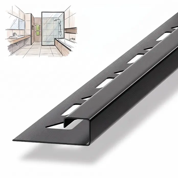 Dalsys Fliesenschiene Edelstahl Schwarz 2,5m x 10mm Eckprofil Quadrat -  - Schwarze, gebürstete Metall-Fliesenleiste mit Schlitzprofil, vor Badeskizze, für Fliesenanwendungen.