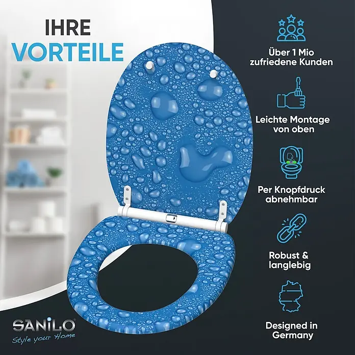 WC-Sitz mit Absenkautomatik & Top Fix Tautropfen Blau -  - Blauer Toilettensitz mit Wassertropfen-Design, einfache Installation und abnehmbar. Marke Sanilo.