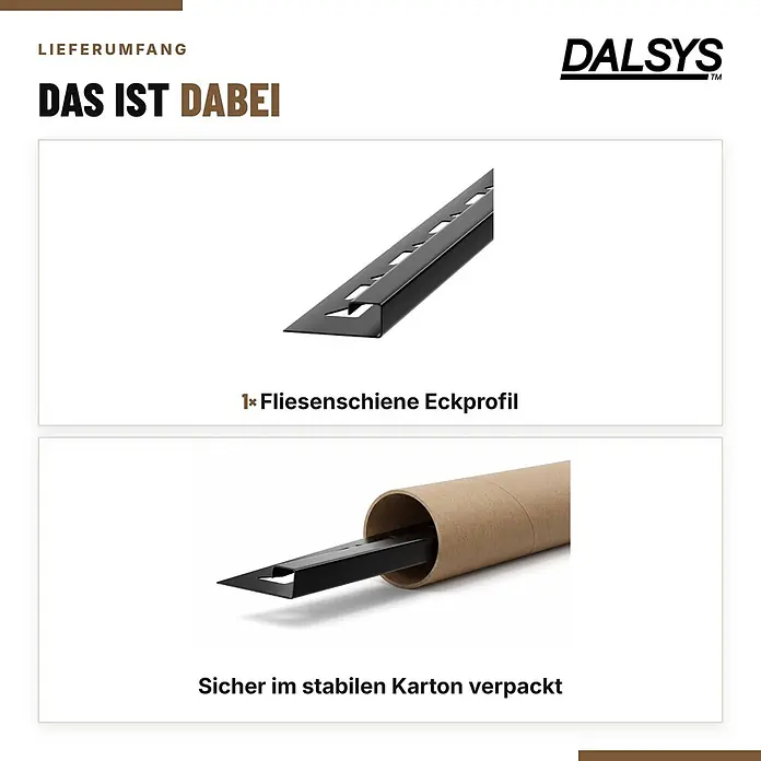 Dalsys Fliesenschiene Edelstahl Schwarz 2,5m x 10mm Eckprofil Quadrat -  - Schwarzes Fliesenschienen Eckprofil, einzeln gezeigt und sicher in einem Kartonrohr verpackt.