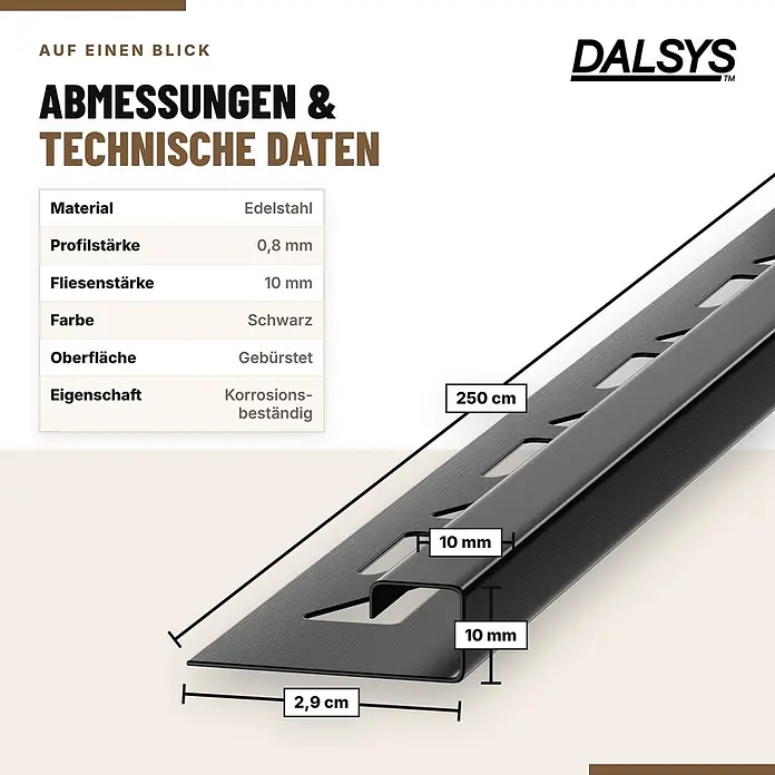 Dalsys Fliesenschiene Edelstahl Schwarz 2,5m x 10mm Eckprofil Quadrat -  - Schwarzes, gebürstetes Edelstahl-Fliesenprofil mit Abmessungen.