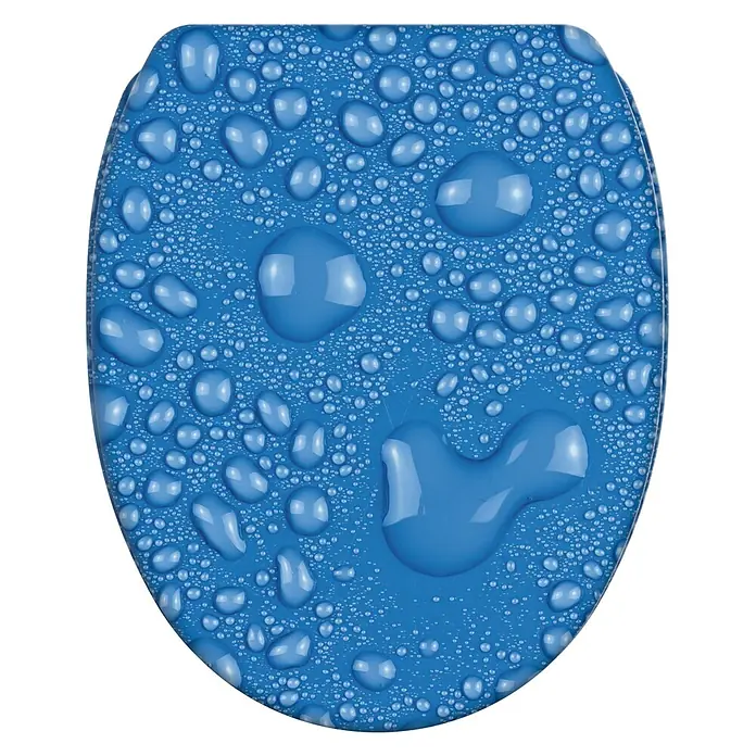 WC-Sitz mit Absenkautomatik & Top Fix Tautropfen Blau -  - Blauer Toilettendeckel mit Wassertropfenmuster.