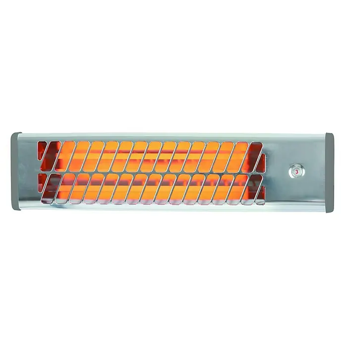 Voltomat HEATING Quarzheizstrahler - 14 x 60 x 13 cm, 1.200 W, Chrom - Nahaufnahme einer Heizlampe mit orangeglühenden Heizstäben und einem silbernen Schutzgitter. Die Heizstufe ist auf "3" eingestellt.