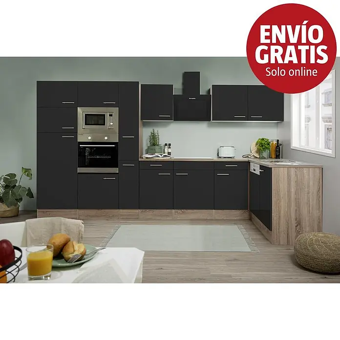 Respekta Oliver Cocina esquinera Oliver - An x Pr: 370 x 172 cm, Negro, Con electrodomésticos - Cocina moderna en forma de L con frentes gris oscuro brillante, encimeras/zócalos efecto madera y electrodomésticos integrados.