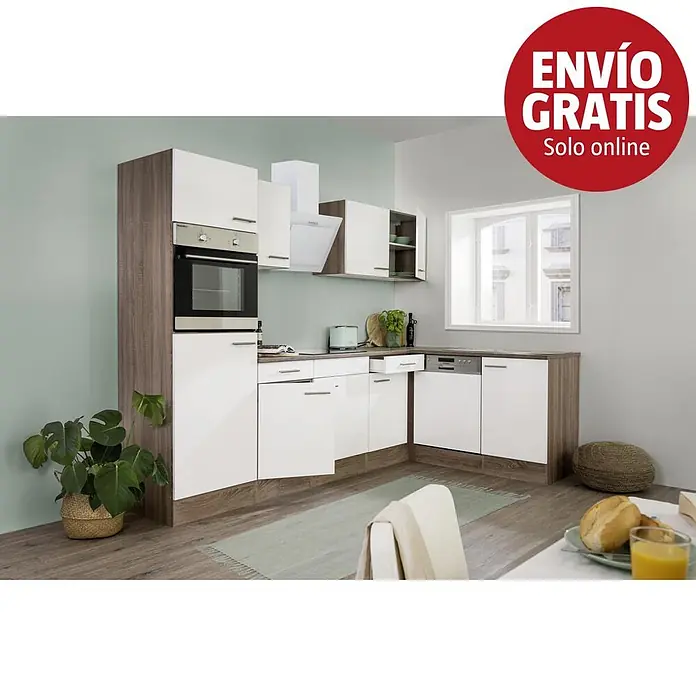 Respekta Oliver Cocina esquinera Oliver - An x Pr: 280 x 172 cm, Blanco, Con electrodomésticos - Cocina de esquina moderna con frentes blancos de alto brillo y armazón efecto madera, con horno, placa, campana y lavavajillas integrados.