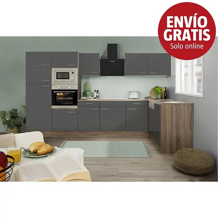 Respekta Oliver Cocina esquinera Oliver - An x Pr: 340 x 172 cm, Gris, Con electrodomésticos - Moderna cocina gris con electrodomésticos integrados, base y encimera de madera, dispuesta en una habitación.