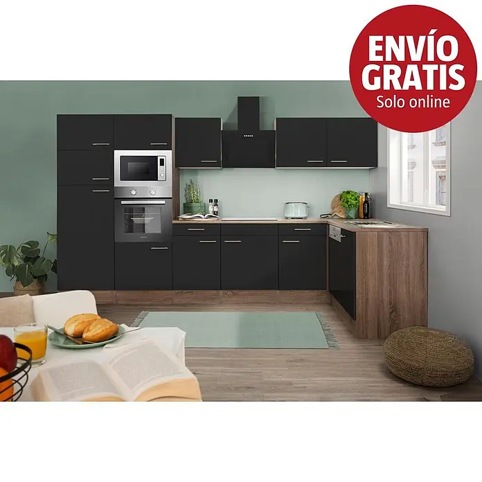 Respekta Oliver Cocina esquinera Oliver - An x Pr: 340 x 172 cm, Negro, Con electrodomésticos - Mueble de cocina gris oscuro con encimeras de madera, horno y microondas integrados, en un ambiente moderno.