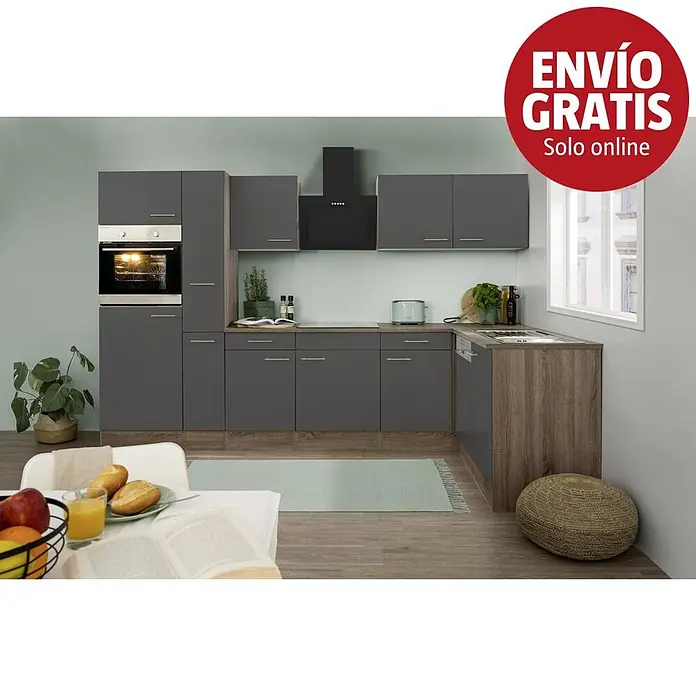 Respekta Oliver Cocina esquinera Oliver - An x Pr: 310 x 172 cm, Gris, Con electrodomésticos - Conjunto de cocina moderno con gabinetes grises de alto brillo y detalles de madera, con horno, placa, campana extractora y fregadero.
