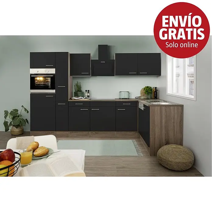 Respekta Oliver Cocina esquinera Oliver - An x Pr: 310 x 172 cm, Negro, Con electrodomésticos - Cocina moderna en L con gabinetes gris oscuro, encimeras efecto madera clara y electrodomésticos integrados.