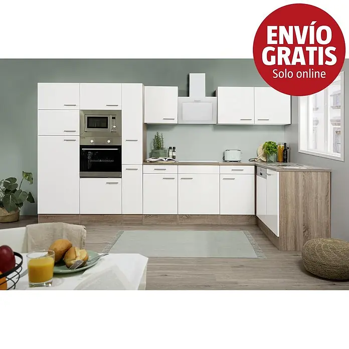 Respekta Oliver Cocina esquinera Oliver - An x Pr: 370 x 172 cm, Blanco, Con electrodomésticos - Muebles de cocina blancos y efecto madera con electrodomésticos integrados y fregadero esquinero.