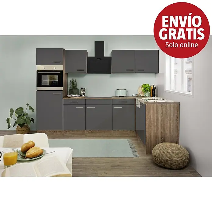 Respekta Oliver Cocina esquinera Oliver - An x Pr: 280 x 172 cm, Gris, Con electrodomésticos - Cocina moderna gris con encimeras de madera, horno integrado y campana extractora en una sala.