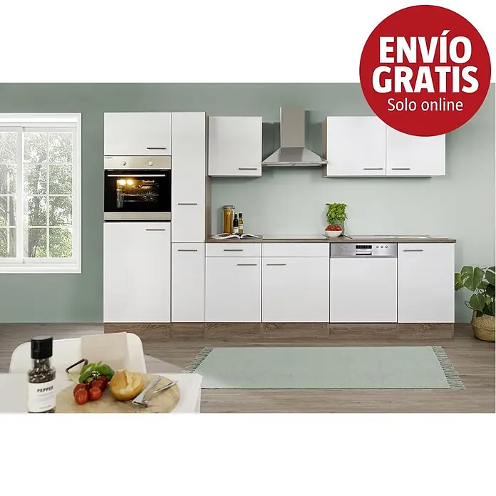 Respekta Oliver Cocina esquinera Oliver - An x Pr: 310 x 172 cm, Blanco, Con electrodomésticos - Cocina modular blanca con horno y lavavajillas integrados, bases y encimeras efecto madera, en un entorno de cocina moderno.