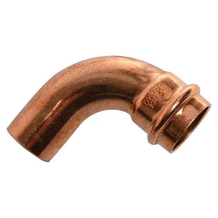 Kupfer-Pressbogen IA - Durchmesser: 28 mm, Winkel: 90 °, Presskontur: V - Ein Kupferrohrbogen mit 90 Grad Winkel und Pressverbindung für Sanitärinstallationen.