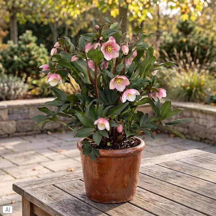 Piardino Christrose - Helleborus x sahinii 'Winterbells' (syn. Helleborus JWLS® Winterbells), Topfgröße: 19 cm, Creme-Grün (innen) & staubiges Rosa (außen) - Stimmungsaufnahme