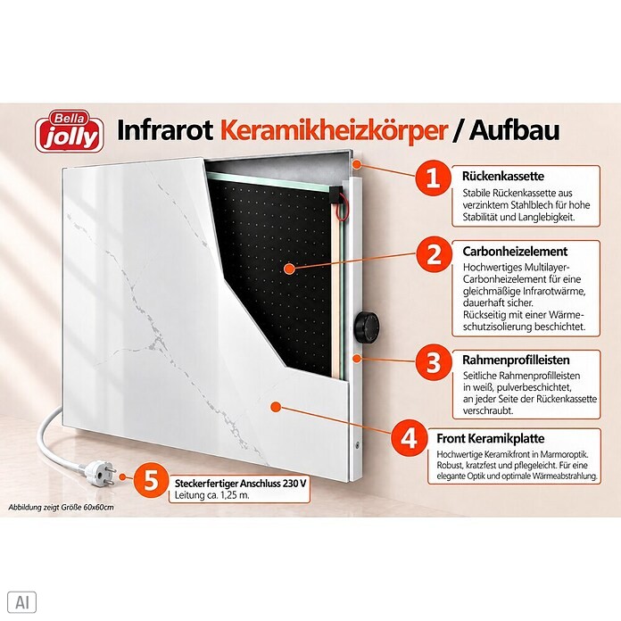 Infrarot-Keramikheizkörper (60 x 120 cm, 1.100 W, Weiß/Grau)