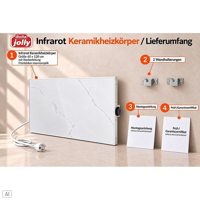 Infrarot-Keramikheizkörper (60 x 120 cm, 1.100 W, Weiß/Grau)
