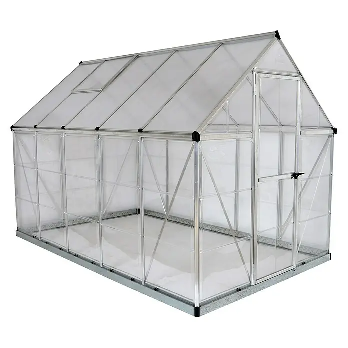 Palram – Canopia Gewächshaus Hybrid - Außenmaß inkl. Dachüberstand (B x T): 185 x 306 cm, 0,7 mm, Silber - Das Bild zeigt ein geräumiges Gewächshaus mit transparenten Wänden und einem stabilen Rahmen, ideal für den Pflanzenanbau.