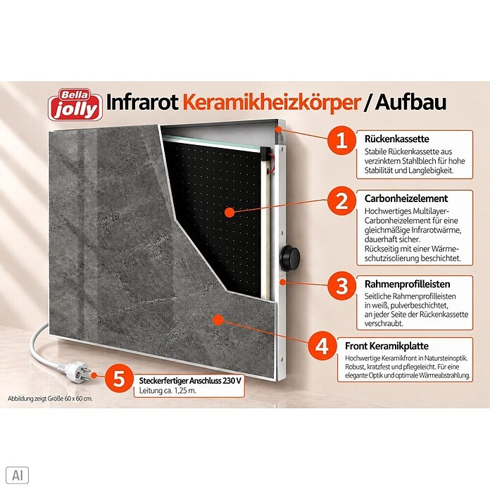 Jollytherm Infrarot-Keramikheizkörper (B x H: 60 x 60 cm, 365 W, Naturstein) | BAUHAUS