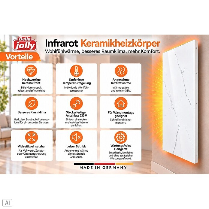 Infrarot-Keramikheizkörper (60 x 120 cm, 1.100 W, Weiß/Grau)