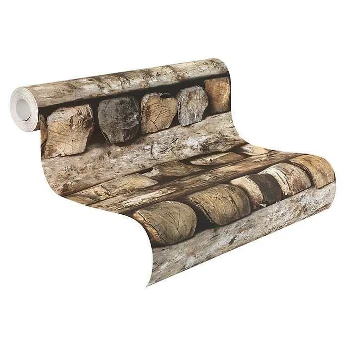 Rasch Vliestapete Holzstapel - Braun, Holzoptik, 10,05 x 0,53 m - Die fotorealistische Holzstapel-Tapete imitiert eine rustikale Holzwand für eine warme Atmosphäre.