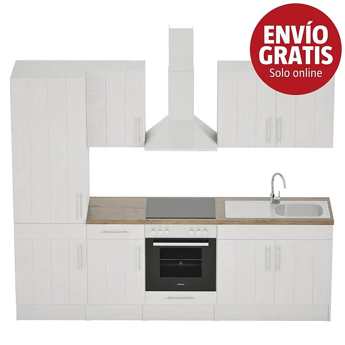 Respekta Premium Composición de cocina Anton - Ancho: 270 cm, Blanco, Con electrodomésticos - Conjunto de cocina modular blanco con encimera de madera, incluyendo armarios, horno, placa, fregadero y campana extractora.
