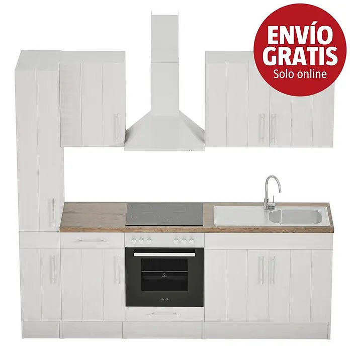 Respekta Premium Composición de cocina Anton - Ancho: 240 cm, Blanco, Con electrodomésticos - Mueble de cocina blanco con encimera de madera, horno integrado, placa, fregadero y campana.