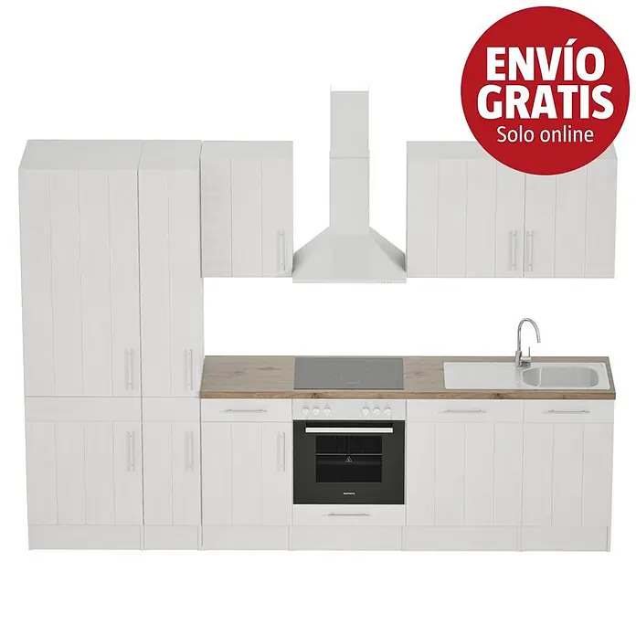 Respekta Premium Composición de cocina Anton - Ancho: 310 cm, Blanco, Con electrodomésticos - Cocina blanca con encimera efecto madera, placa, horno y fregadero integrados, y armarios altos y superiores.