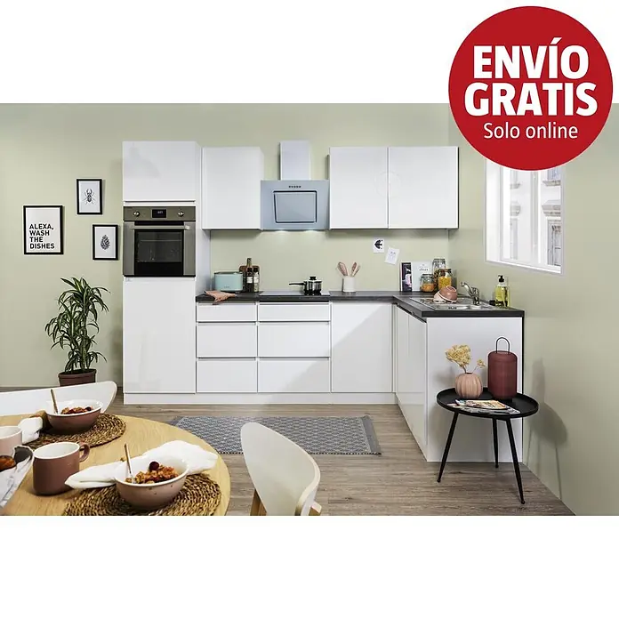 Respekta Premium Cocina esquinera Lorena - Ancho: 280 cm, Blanco, Brillo intenso, Efecto piedra, Con electrodomésticos - Muebles de cocina modernos blancos brillantes con encimeras negras, electrodomésticos integrados y zona de comedor.