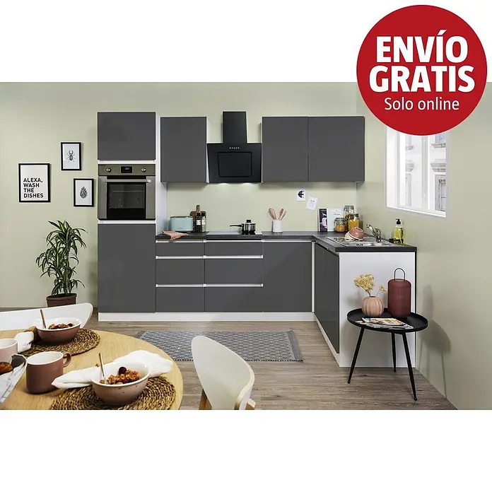 Respekta Premium Cocina esquinera Lorena - Ancho: 280 cm, Gris, Brillo intenso, Efecto piedra, Con electrodomésticos - Cocina moderna gris y blanca con armarios brillantes y encimeras blancas, en un comedor contemporáneo.