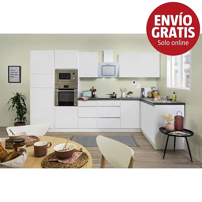 Respekta Premium Cocina esquinera Lorena - Ancho: 345 cm, Blanco, Brillo intenso, Efecto piedra, Con electrodomésticos - Una cocina moderna blanca con electrodomésticos integrados, encimeras oscuras y una zona de comedor.