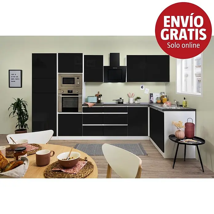 Respekta Premium Cocina esquinera Lorena - Ancho: 345 cm, Negro, Brillo intenso, Efecto piedra, Con electrodomésticos - Cocina moderna en L con armarios negros brillantes, electrodomésticos integrados y encimeras claras, mostrada con comedor.