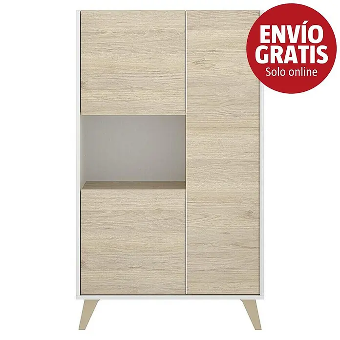 Dekit Aparador Ness - L x An x Al: 43 x 81 x 135 cm, Natural/Blanco - Armario efecto madera clara con marco blanco, estante abierto y patas anguladas.