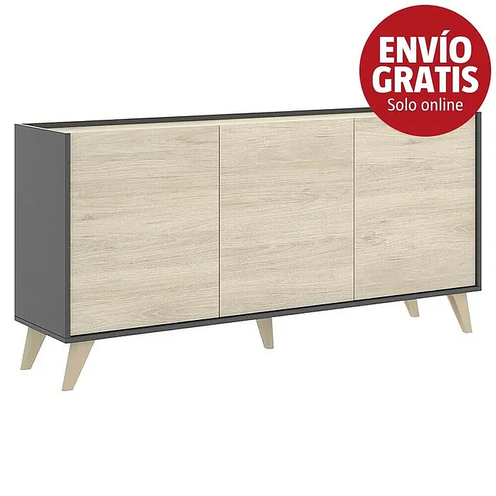 Dekit Aparador Ness - L x An x Al: 43 x 155 x 75 cm, Natural/Grafito - Aparador de tres puertas efecto madera clara y gris oscuro con patas de madera.