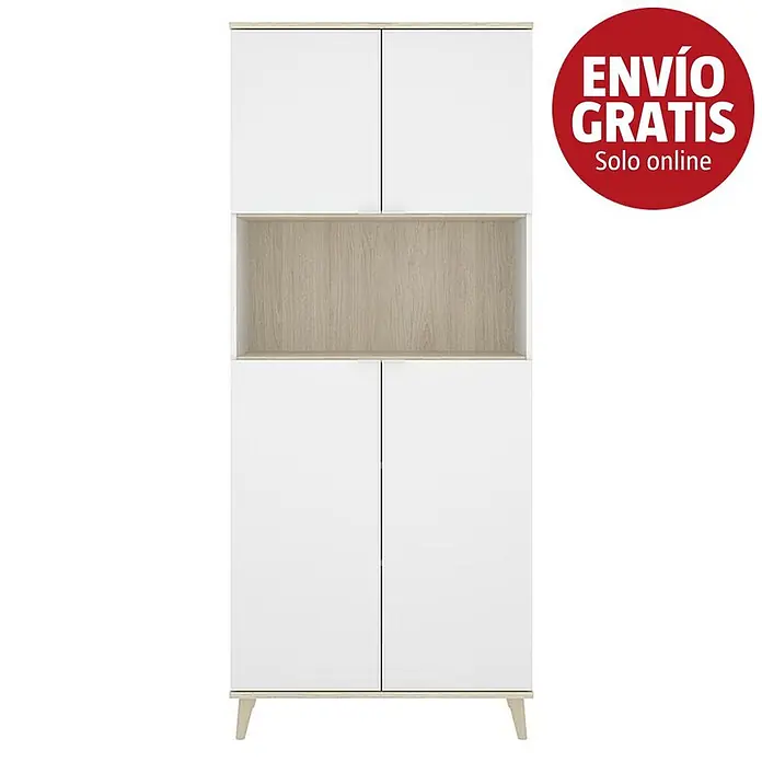 Dekit Aparador buffet Wok - L x An x Al: 40 x 80 x 191 cm, Blanco/Natural, Número de puertas: 4 ud. - Armario blanco con detalles de madera y una estantería central abierta.