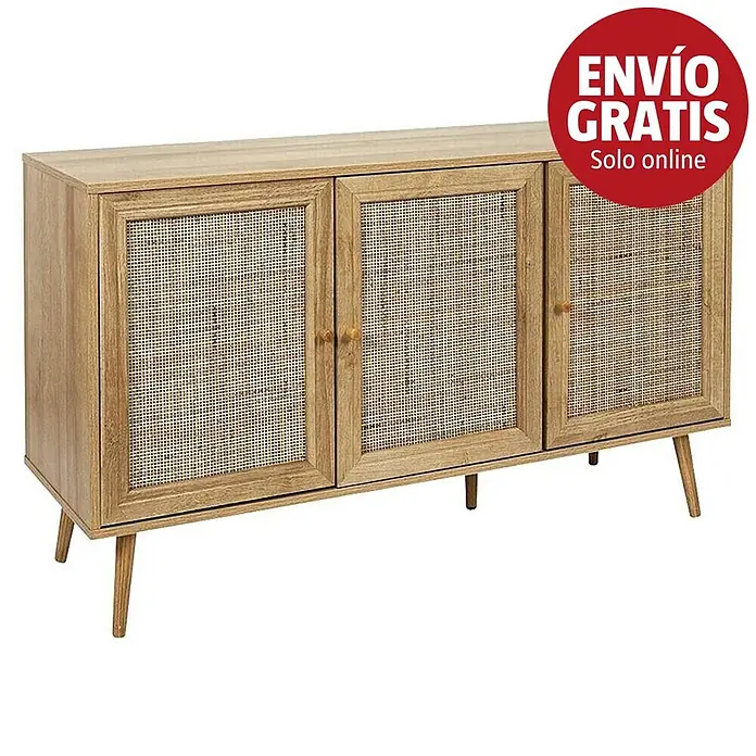 Home Deco Factory Bali Aparador - L x An x Al: 39 x 115 x 70 cm, Marrón, Número de puertas: 3 ud., Con ratán trenzado - Aparador de madera clara con tres puertas de ratán y patas cónicas.