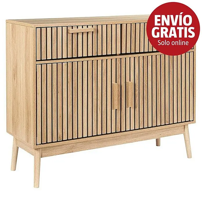Home Deco Factory Klaus Aparador - L x An x Al: 35 x 100 x 80 cm, Marrón, Número de cajones: 2 ud., Número de puertas: 2 ud., Diseño acanalado - Aparador de madera clara con frontal de lamas, un cajón y dos puertas de armario con tiradores integrados, sobre patas cónicas.