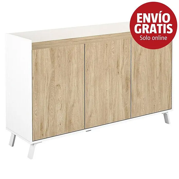 Meka Block Aparador K-504 - L x An x Al: 40 x 140 x 87,1 cm, Blanco Poro/Roble Aurora, Número de puertas: 3 ud. - Aparador blanco con tres puertas de efecto madera clara y patas blancas.
