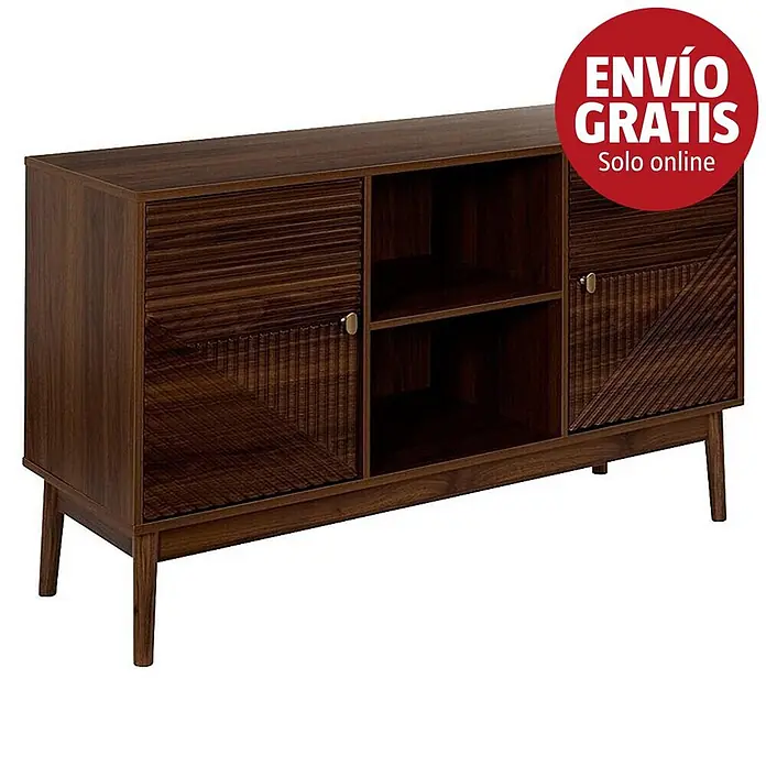 Home Deco Factory Tiffany Aparador - L x An x Al: 40 x 120 x 70 cm, Marrón, Número de puertas: 2 ud. - Aparador/mueble TV de madera marrón oscuro con puertas texturizadas y estantes centrales abiertos sobre patas cónicas.