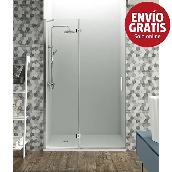GME Mampara de ducha frontal Glass Combi C - 95 x 195 cm, Espesor de vidrio: 8 mm, Plata brillo, An x Al: 95 (25/70) x 195 cm - Una mampara de ducha moderna con paneles de vidrio transparente, plato blanco y cabezal de ducha cromado, en un baño con azulejos hexagonales.