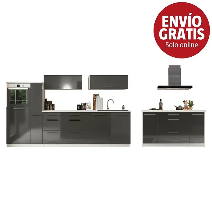 Respekta Premium Cocina de isla Amanda - Ancho: 310 cm, Blanco/Gris, Con electrodomésticos - Conjunto de cocina moderno gris oscuro con encimeras blancas, que incluye horno, fregadero, muebles bajos y altos, y campana.