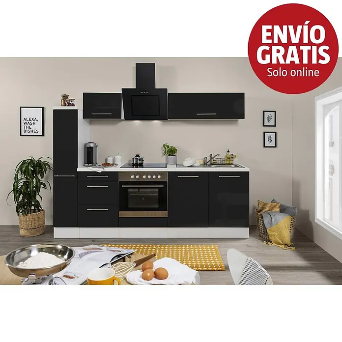 Respekta Premium Composición de cocina Amanda Alto - Ancho: 240 cm, Blanco/Negro, Con electrodomésticos - Cocina moderna en blanco y negro con armarios brillantes, horno integrado, placa, fregadero y campana extractora.