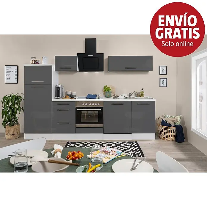 Respekta Premium Composición de cocina Amanda Alto - Ancho: 280 cm, Blanco/Gris, Con electrodomésticos - Conjunto de cocina moderno gris brillante con horno, fregadero y campana extractora, mostrando armarios empotrados.
