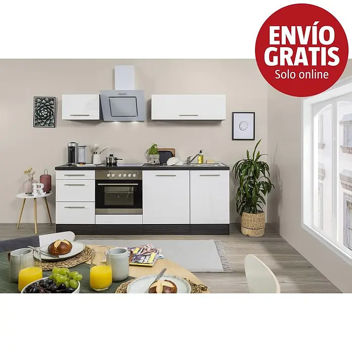 Respekta Premium Composición de cocina Amanda - Ancho: 220 cm, Roble/Blanco, Con electrodomésticos - Mueble de cocina blanco moderno con encimeras oscuras y electrodomésticos integrados en un espacio con mesa de comedor.