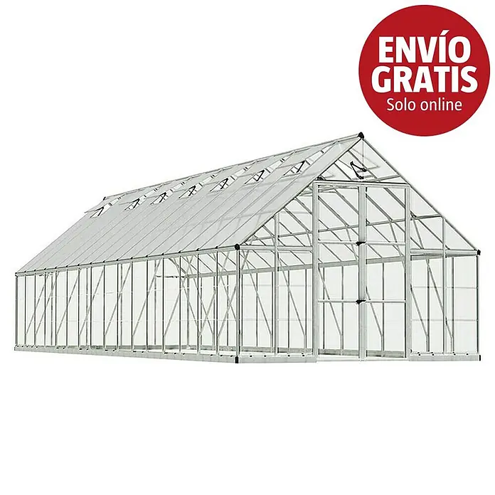 Palram – Canopia Invernadero Balance - Medidas ext. (An x Pr): 304 x 964 cm, 0,7 mm, Plateado - Gran invernadero con marco plateado, paneles transparentes y múltiples ventilaciones de techo.