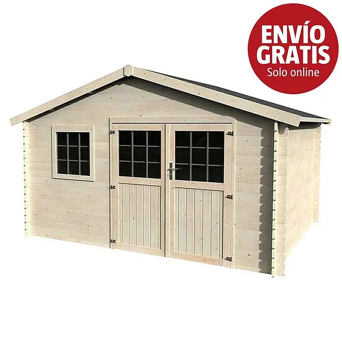 Décor et Jardin Caseta de jardín Frévent - Medidas ext. (An x Pr): 427 x 331 cm, Espesor de pared: 28 mm, Natural - Caseta de jardín de madera clara con tejado a dos aguas, puertas dobles acristaladas y una ventana lateral.