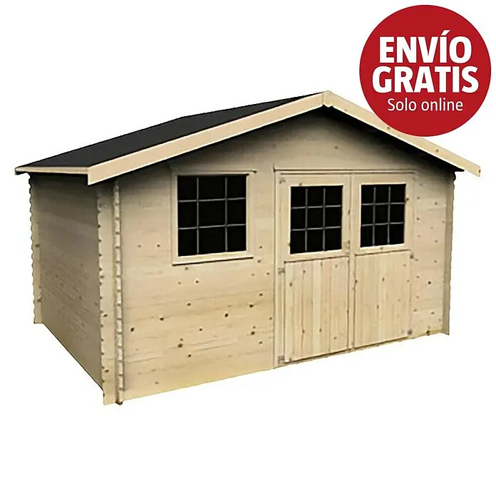 Décor et Jardin Caseta de jardín Floran - Medidas ext. (An x Pr): 430 x 402 cm, Espesor de pared: 28 mm, Natural - Caseta de jardín de madera clara con techo negro, dos ventanas de rejilla y puertas dobles de madera.