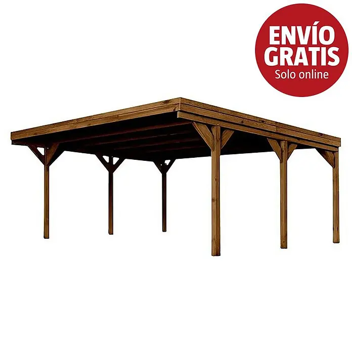 Cerland Carport Victor - Medidas ext. (An x Pr): 572 x 511 cm, Carport doble, Marrón - Pérgola/aparcamiento de madera marrón con techo plano y postes robustos.